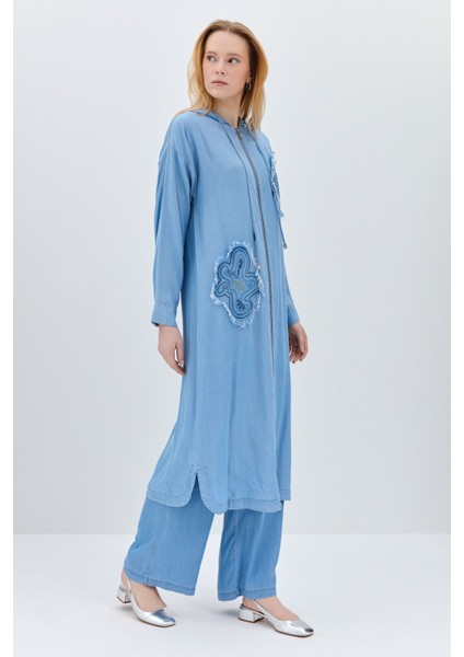 Nakış Detaylı Kapşonlu Tencel Giy-Çık Açık Mavi