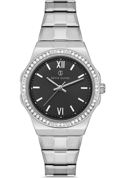 Siyah Kadranlı Gümüş Kaplamalı Taşlı Kadın Kol Saati