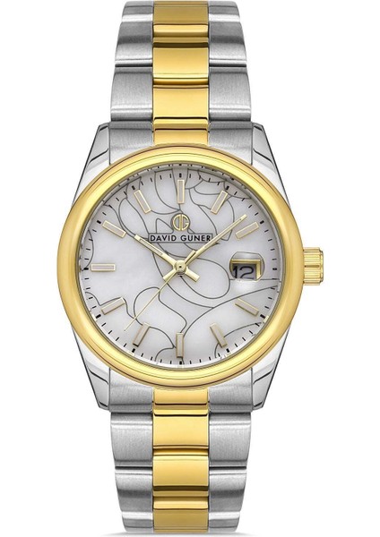 Takvimli Sarı Beyaz Kaplamalı Kadın Kol Saati