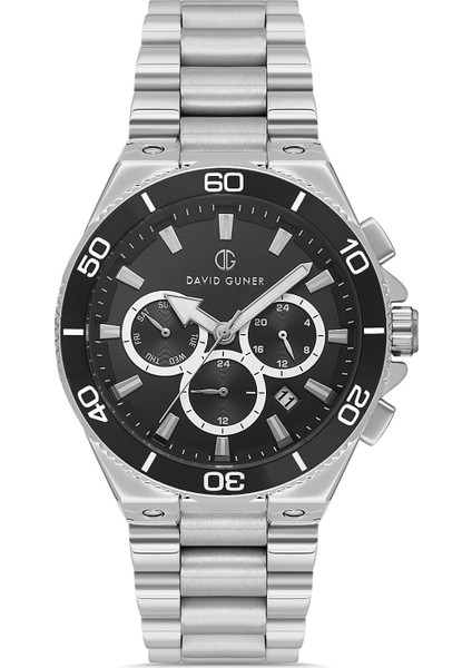 Siyah Kadranlı Gümüş Kaplamalı Multifonksiyonlu Erkek Kol Saati