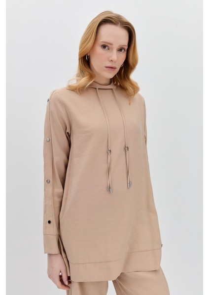 Kolları Çıt Çıt Detaylı Pantolon Tunik Takım Bej