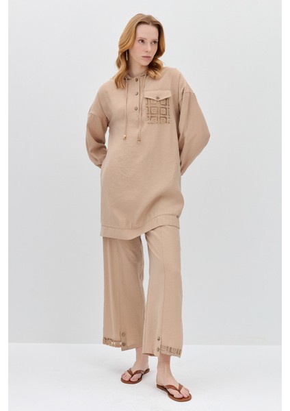 Brode Detaylı Pantolon Tunik Takım Bej