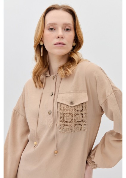 Brode Detaylı Pantolon Tunik Takım Bej