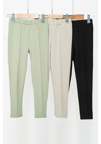 3'lü Çımalı Yeşil Taş Siyah Likralı İnterlok Tayt