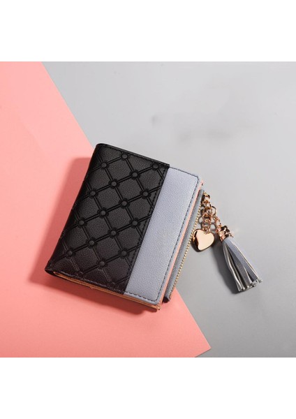 Moda Püskül Kolye Cüzdan Kısa Siyah Gri Patchwork Kadın Çanta Kredi Kartı Tutucu Taşınabilir Fermuar Kese Debriyaj Para Klip (Yurt Dışından)