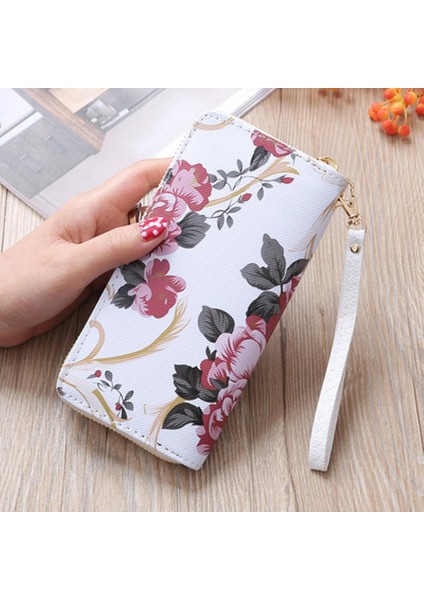 Yeni Kadın Gül Baskı Cüzdan Uzun Çanta Moda Vahşi Fermuarlı Debriyaj Çanta Çoklu Kart Cüzdan Çanta Kart Sahibinin Cartera Para Çantası (Yurt Dışından)