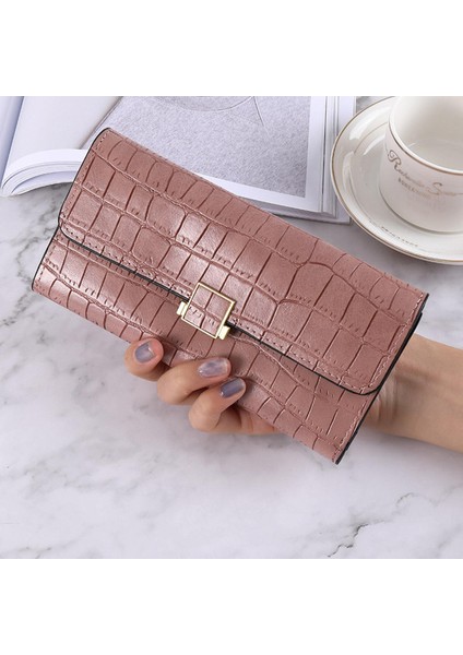 Yeni Küçük Cüzdan Kadın Kısa Saf Renk Basit Timsah Desen Üç Katlı Öğrenci Toka Büyük Kapasiteli Bozuk Para Cüzdanı Kadın Çantası (Yurt Dışından)