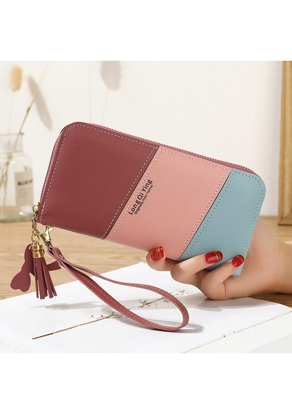 Kadınlar Uzun Üç Renkli Patchwork Cüzdan Kadın Hit Renk Püskül Fermuar Bozuk Para Çantaları Moda Kart Tutucu Debriyaj Telefonu Çanta (Yurt Dışından) modelleri