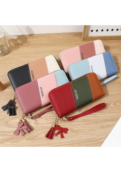 Kadınlar Uzun Üç Renkli Patchwork Cüzdan Kadın Hit Renk Püskül Fermuar Bozuk Para Çantaları Moda Kart Tutucu Debriyaj Telefonu Çanta (Yurt Dışından) fırsatları