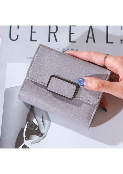 Yeni Stil Kısa Bayan Cüzdan Basit Damalı Dekorasyon Moda Litchi Desen Kadın Düz Renk Üç Katlı Öğrenci Cüzdanı (Yurt Dışından)