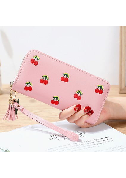Moda Püskül Cüzdan Kadın Uzun Deri Kiraz Bayan Cüzdan Işlemeli Fermuar El Çantası Kart Çanta Porte Feuille Femme (Yurt Dışından)