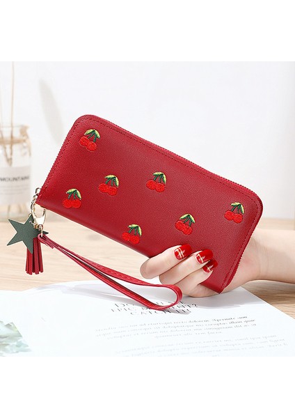 Moda Püskül Cüzdan Kadın Uzun Deri Kiraz Bayan Cüzdan Işlemeli Fermuar El Çantası Kart Çanta Porte Feuille Femme (Yurt Dışından) fırsatları