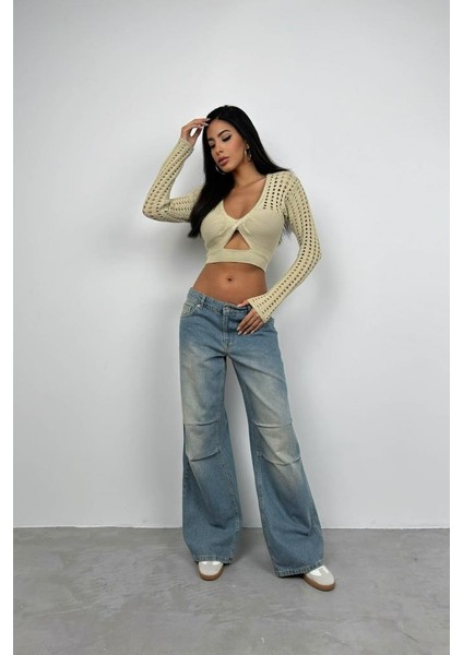 Ajurlu Crop Triko Bluz