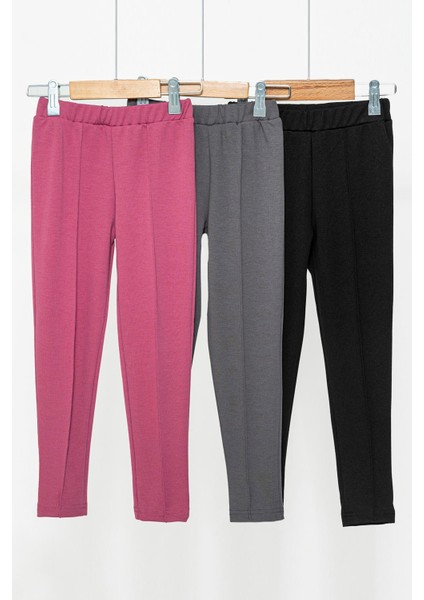 3'lü Çımalı Fuşya Gri Siyah Likralı Interlok Tayt