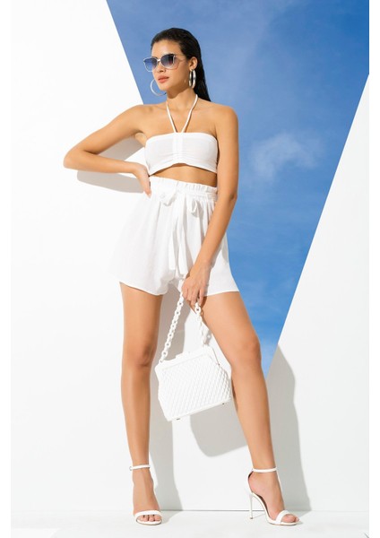 2'li Organik İpli Ekru Büstüyer Şort Takım