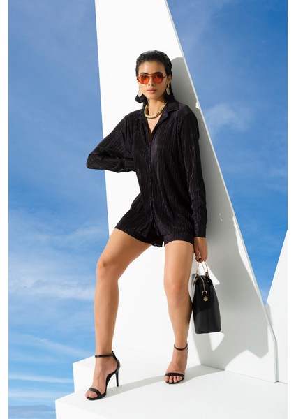 2'li Piliseli Gömlek Şort Siyah Takım modelleri