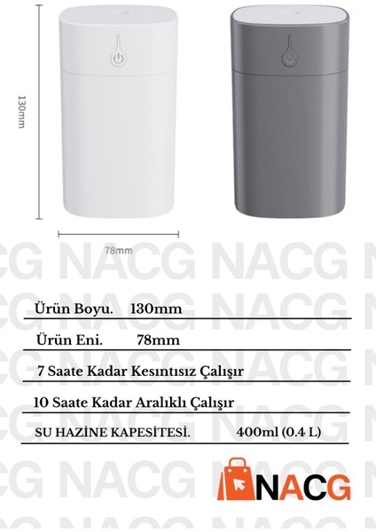 Beyaz H2O Humidifier 400 ml Ulrasonik Hava Nemlendirici Buhar Makinesi ve Aroma Difüzörü. 2 Yıl