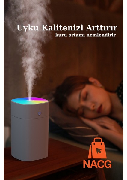 Beyaz H2O Humidifier 400 ml Ulrasonik Hava Nemlendirici Buhar Makinesi ve Aroma Difüzörü. 2 Yıl