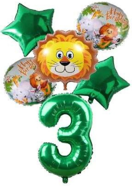 Yeşil Rakam Yıldız Aslan Hayvan Folyo Balon Seti Yaş 3