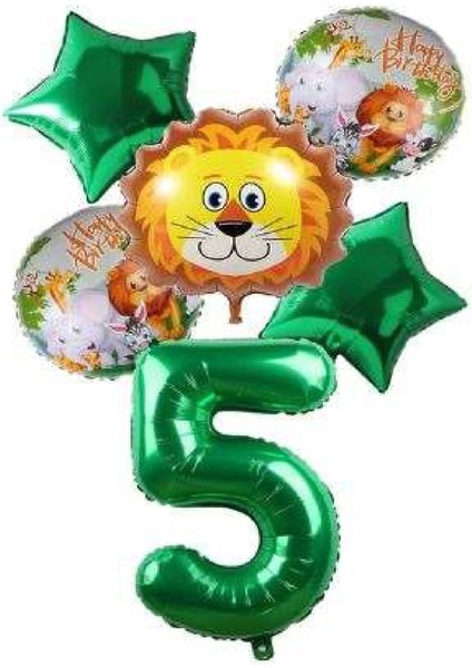 Yeşil Rakam Yıldız Aslan Hayvan Folyo Balon Seti Yaş 5