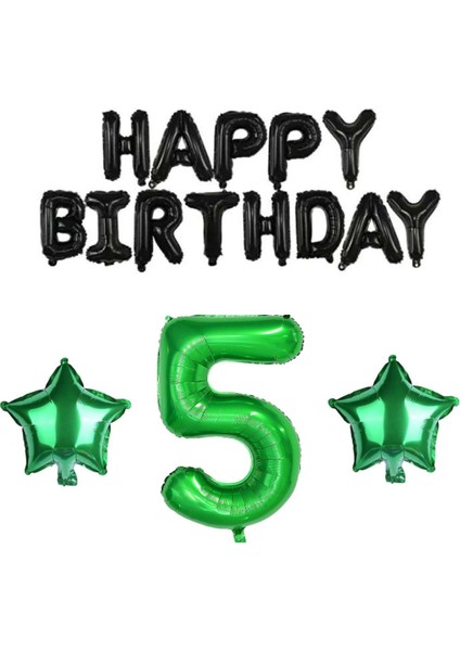Siyah Happy Bırthday Yeşil Rakam ve Yıldız Folyo Balon Seti Yaş 5