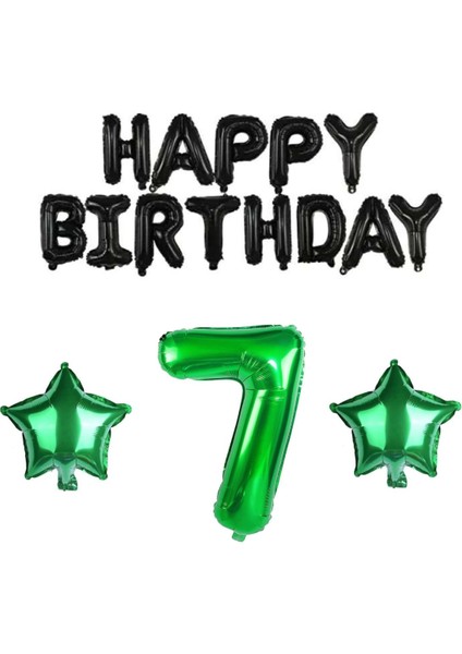 Siyah Happy Bırthday Yeşil Rakam ve Yıldız Folyo Balon Seti Yaş 7