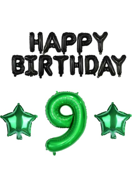 Siyah Happy Bırthday Yeşil Rakam ve Yıldız Folyo Balon Seti Yaş 9