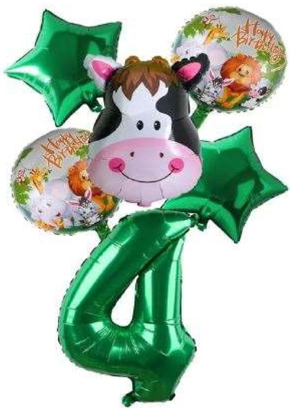 Yeşil Rakam Yıldız Inek Hayvan Folyo Balon Seti Yaş 4