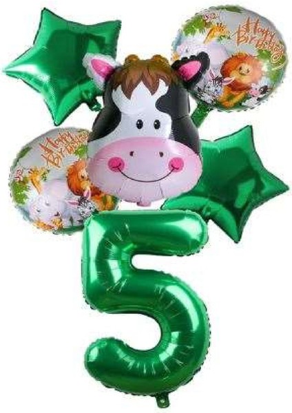 Yeşil Rakam Yıldız Inek Hayvan Folyo Balon Seti Yaş 5