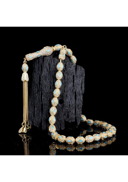 Altın Kaplamalı Turkuaz Mikro Taşlı 925 Ayar Gümüş Tesbih