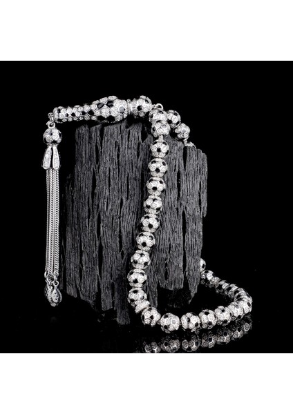 Tesbihsepetim Futbol Topu Model Zirkon Taşlı Siyah Mineli 925 Ayar Gümüş Tesbih