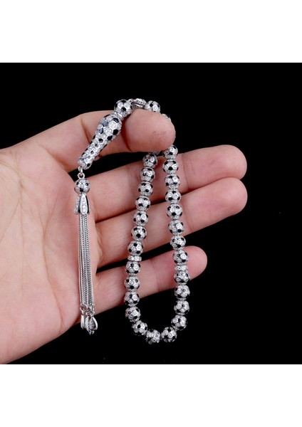 Tesbihsepetim Futbol Topu Model Zirkon Taşlı Siyah Mineli 925 Ayar Gümüş Tesbih modelleri