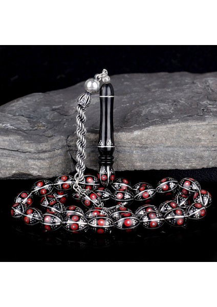 Tesbihsepetim Arpa Kesim Erzurum Oltu Taşı Tesbih 925 Ayar Gümüş Örgü Püsküllü