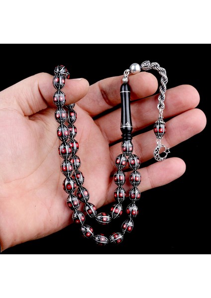 Tesbihsepetim Arpa Kesim Erzurum Oltu Taşı Tesbih 925 Ayar Gümüş Örgü Püsküllü indirimleri