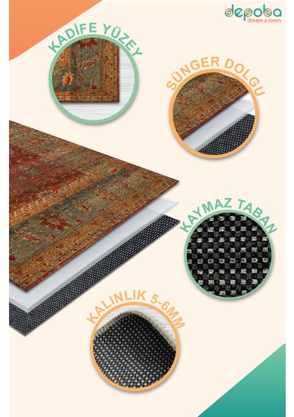 Rubby Vintage Kadife Yıkanabilir Kaymaz Pamuk Tabanlı Salon Halısı indirimleri