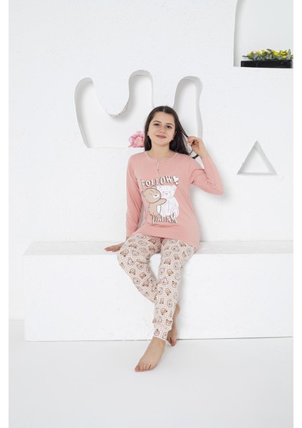 Kız Çocuk Ayıcık Desenli Uzun Kollu Yazlık Pijama Takımı