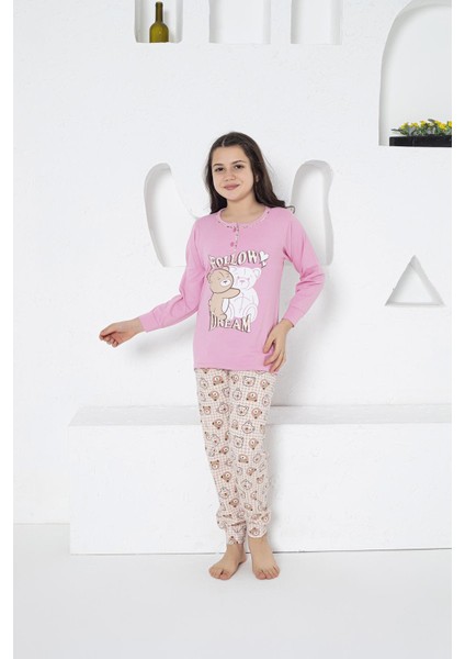 Kız Çocuk Ayıcık Desenli Uzun Kollu Yazlık Pijama Takımı