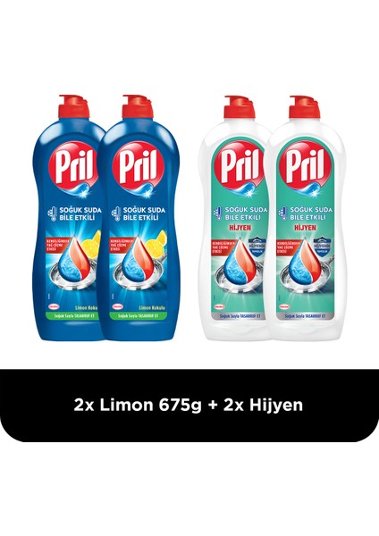Elde Yıkama Bulaşık Deterjanı 4 x 675g 2 Limon 5 Etki Kendinden Yağ Çözme Etkisi + 2 Hijyen