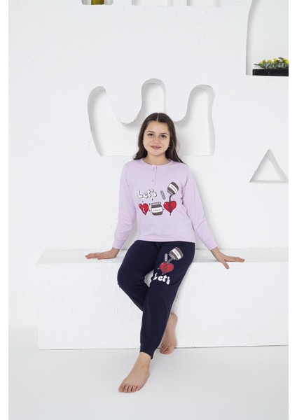 Kız Çocuk Kalp Desenli Uzun Kollu Yazlık Pijama Takımı