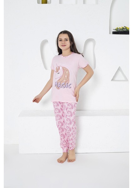 Kız Çocuk Unicorn Desenli Kısa Kollu Yazlık Pijama Takımı