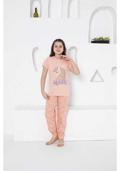 Kız Çocuk Unicorn Desenli Kısa Kollu Yazlık Pijama Takımı