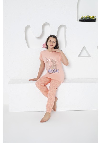 Kız Çocuk Unicorn Desenli Kısa Kollu Yazlık Pijama Takımı