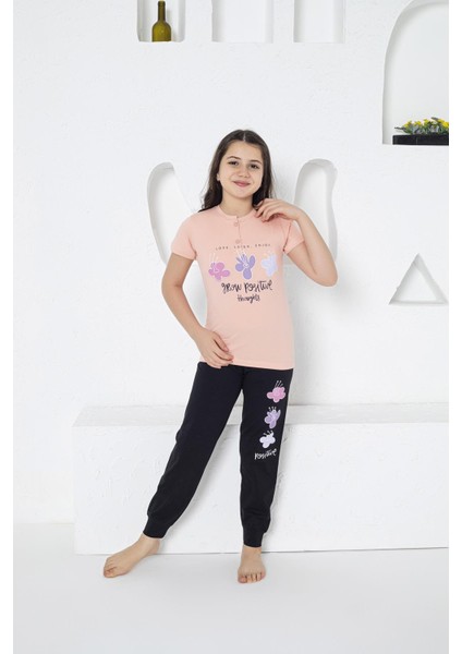 Kız Çocuk Çiçek Desenli Kısa Kollu Yazlık Pijama Takımı