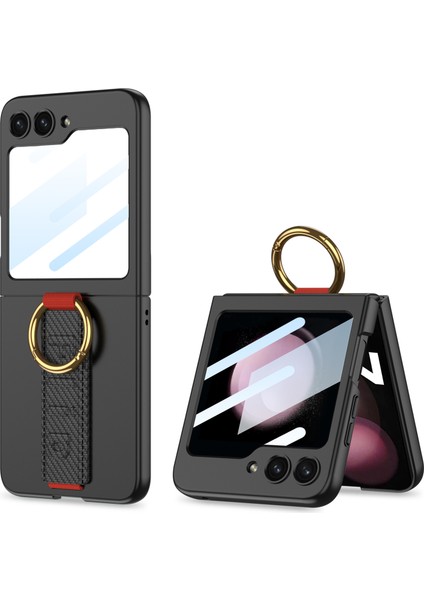 Samsung Galaxy Z Flip5 Için 5g Bileklik Pc Telefon Kılıfı Yüzük Kickstand Koruyucu Kapak Entegre Arka Küçük Ekranlı Film-Siyah/karbon Fiber (Yurt Dışından)