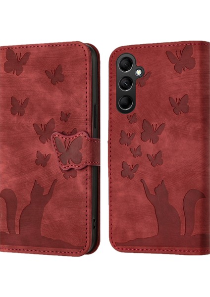 Samsung Galaxy A15 5g Case Butterfly Kedi Baskılı Pu Deri Telefon Kapak-Kırmızı (Yurt Dışından)