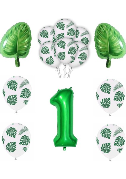Yeşil Yaprak Baskılı Latex ve Yeşil Rakam Yaprak Folyo Balon Seti Yaş 1