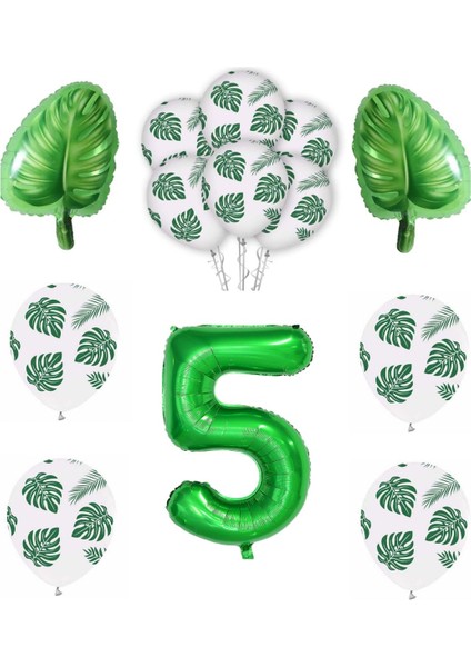 Yeşil Yaprak Baskılı Latex ve Yeşil Rakam Yaprak Folyo Balon Seti Yaş 5
