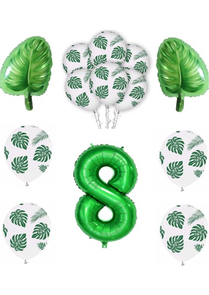Yeşil Yaprak Baskılı Latex ve Yeşil Rakam Yaprak Folyo Balon Seti Yaş 8