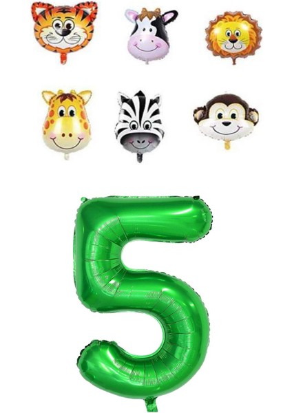 Safari Hayvanlar Temalı Yeşil Rakam Folyo Balon Seti Yaş 5