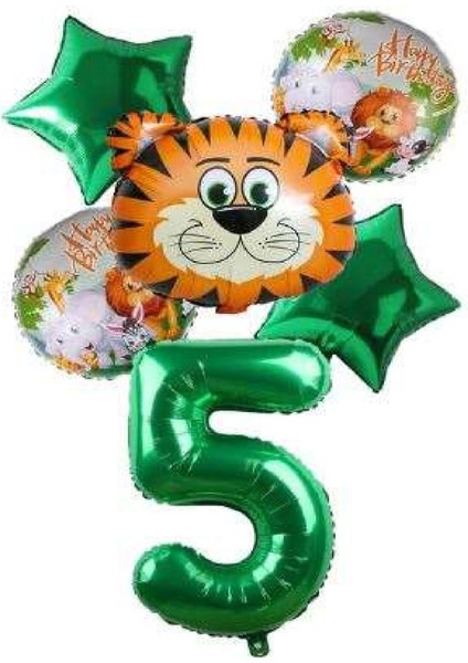 Yeşil Rakam Yıldız Kaplan Hayvan Folyo Balon Seti Yaş 5